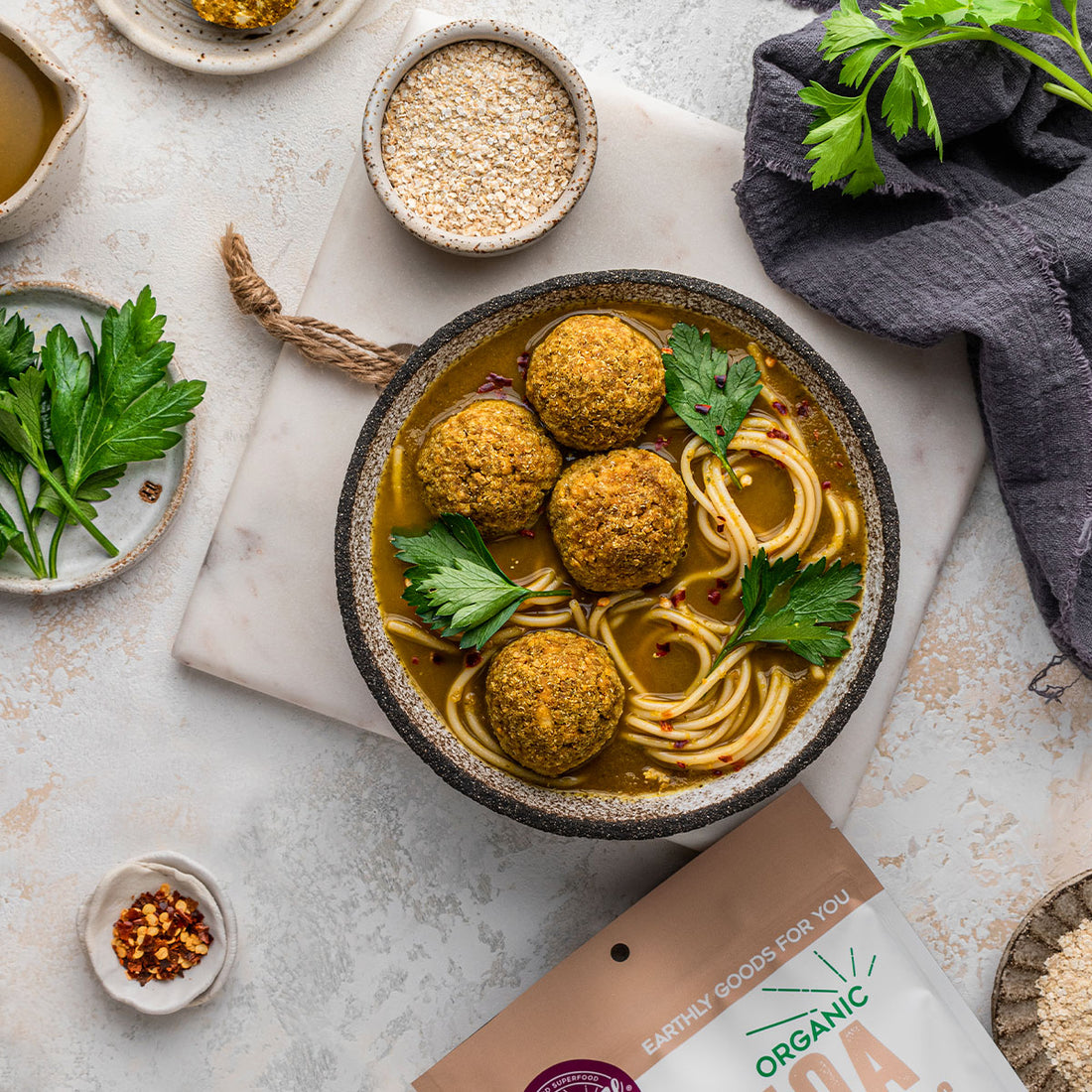 Suncore Foods Snow Quinoa Flakes Tofu Meatballs in Noodle Soup