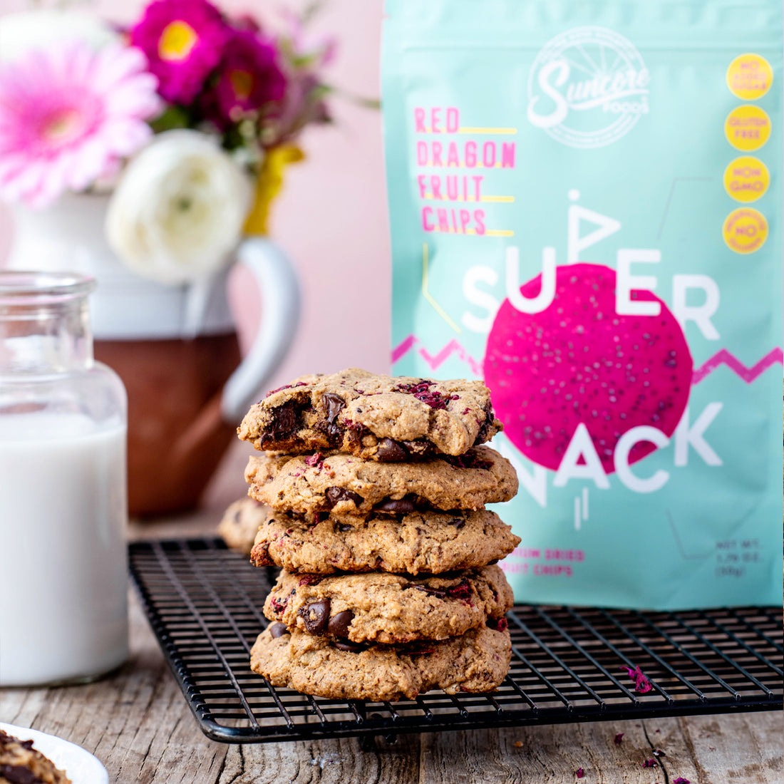 Suncore Foods Red Dragon Fruit Chocolate Chip Oatmeal Quinoa Flake Cookies