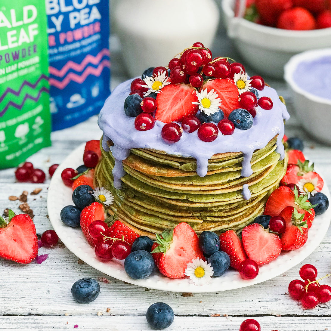 Suncore Foods® Pandan Leaf Pancakes with Blue Butterfly Pea Yogurt Sauce