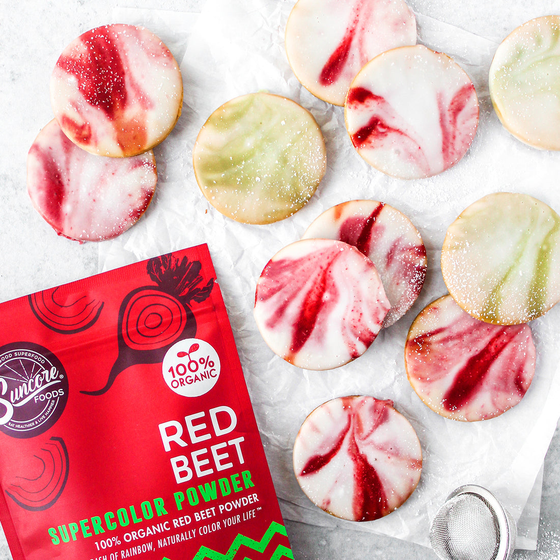 Suncore Foods Matcha and Beet Marble Glazed Molasses Cookies