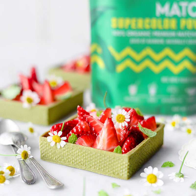 Suncore Foods Matcha Tarts with Macerated Strawberries & White Chocolate Custard