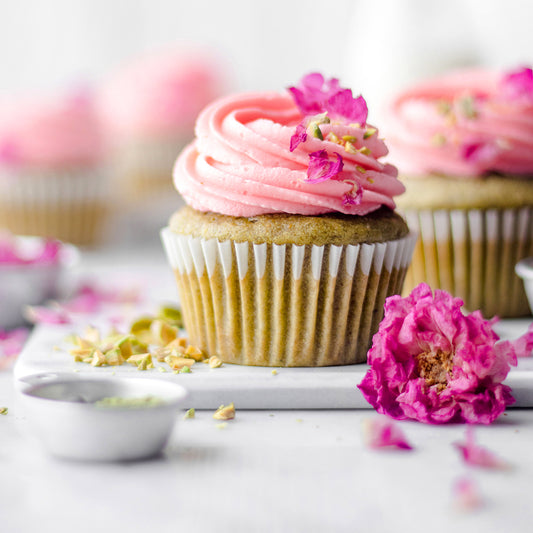 Suncore Foods Pistachio Matcha Cupcakes with Pink Pitaya Rosewater Frosting
