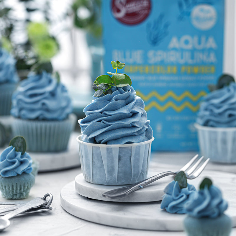 Suncore Foods Aqua Blue Velvet Cupcakes with Blue Vanilla Buttercream Frosting
