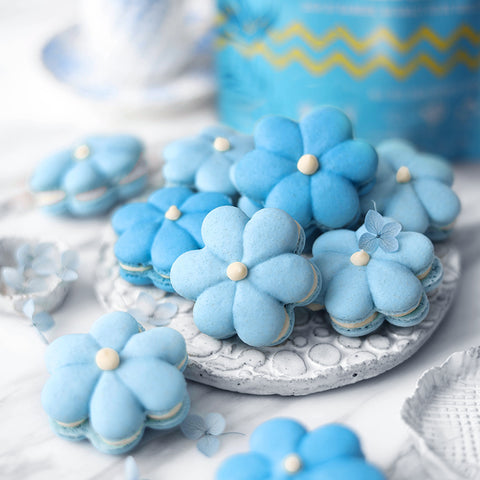 Baby Blue Daisy Flower Macarons with Lemon Cream