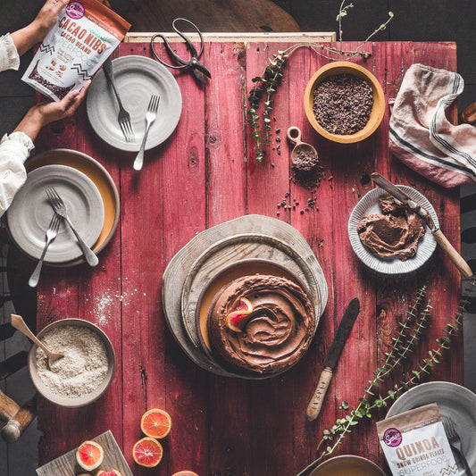 Suncore Foods Blood Orange Quinoa Cacao Nibs Chocolate Cake