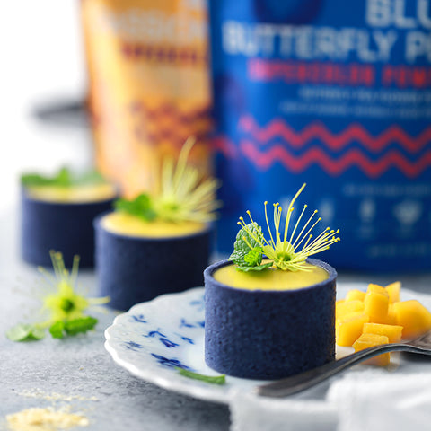 Blue Butterfly Pea Mango Passion Fruit Mousse Tartlets