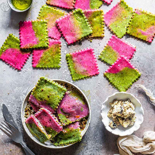 Suncore Foods Colorful Red Beet & Matcha Shiitake Cream Cheese Ravioli