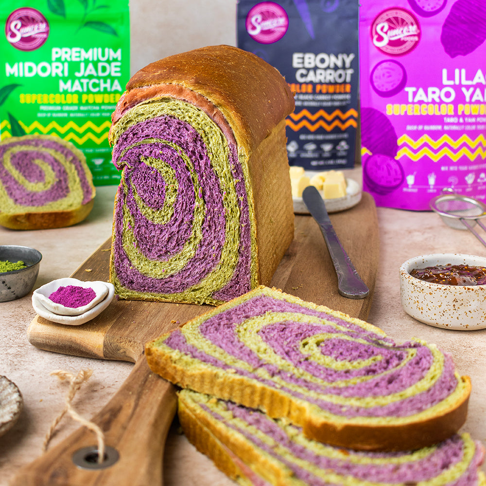 Suncore Foods Ebony Carrot Lilac Taro Yam Matcha Swirl Bread