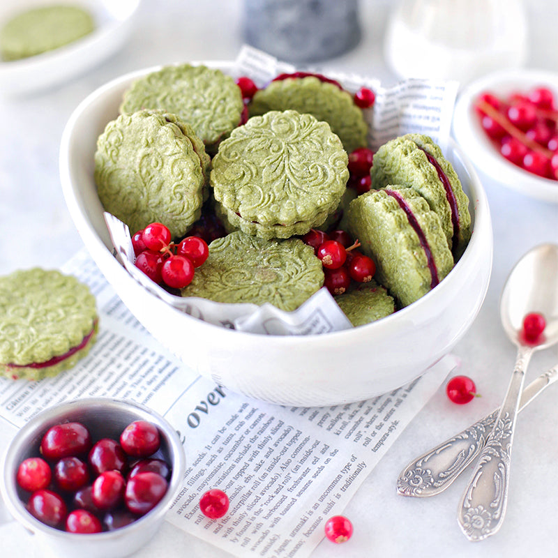 Suncore Foods Merry Embossed Matcha Hibiscus Cranberry Jam Cookie Sandwiches