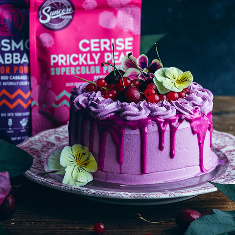 Fruit Cake with Cerise Prickly Pear Glaze & Cosmos Red Cabbage Whipped Cream