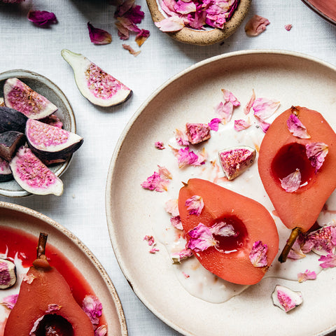 Rose Tea Poached Pears with Coconut Rose Yogurt