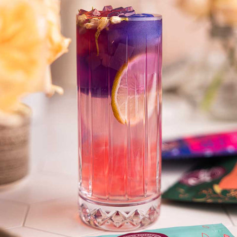 Lemonade with Jasmine Rose Petals Jelly and Butterfly Pea Ice Cubes