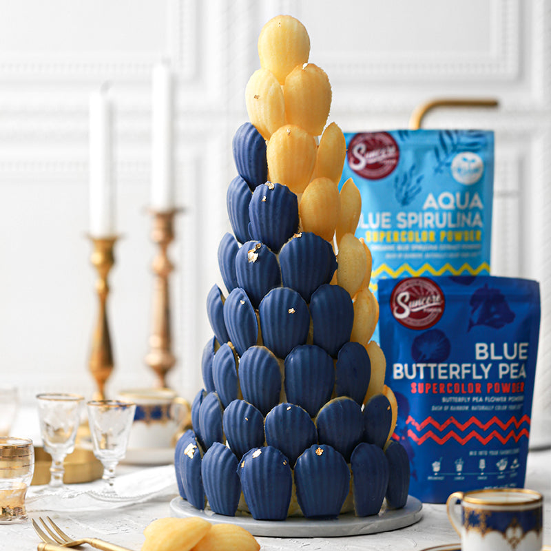 Suncore Foods Lemon Madeleines Coated with Blue Butterfly Pea & Spirulina Chocolate Coating