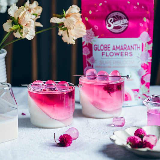 Suncore Foods Peach Panna Cotta with Pink Amaranth Flowers Jelly Crystal Balls