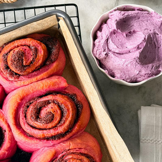 Suncore Foods Pink Cinnamon Rolls with Purple Sweet Potato Ermine Frosting