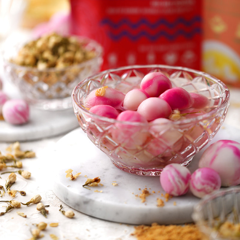Suncore Foods Pink Marbled Rice Balls with Sweet Peanut Stuffing and Jasmine-Infused Syrup
