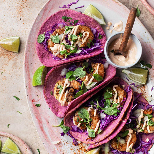 Suncore Foods Cosmos Red Cabbage Pink Pitaya Shrimp Tacos