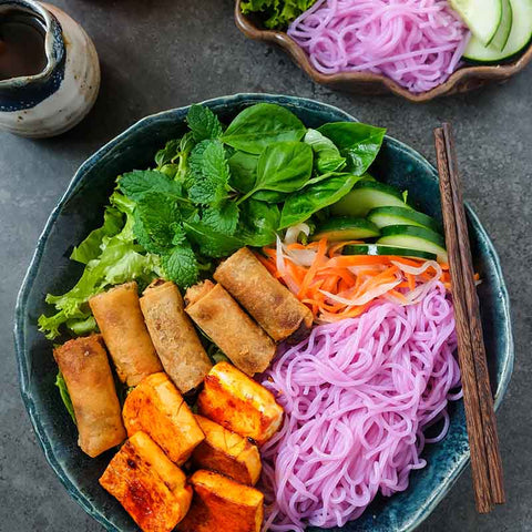 Rainbow Bun Cha Bowl with Cosmos Red Cabbage Noodles and Red Beet Fried Tofu
