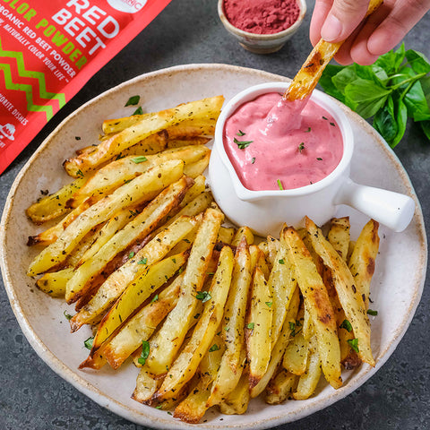 Herbed Fries and Red Beet Garlic Herb Dip