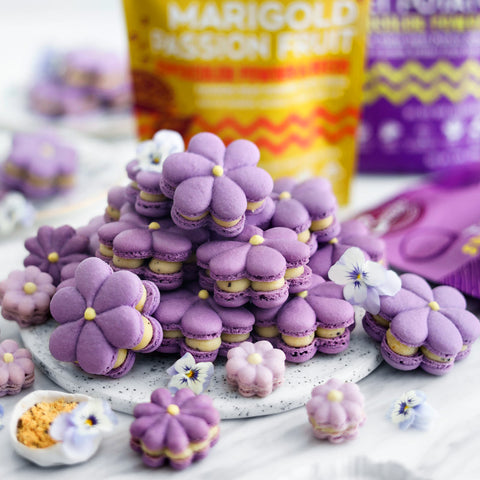Tropical Royal Purple Macarons with Marigold Passion Fruit White Chocolate Ganache