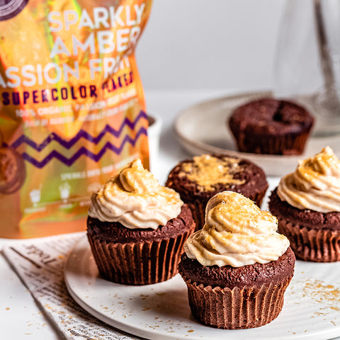 Sparkly Amber Passion Fruit Flakes Chocolate Cupcakes