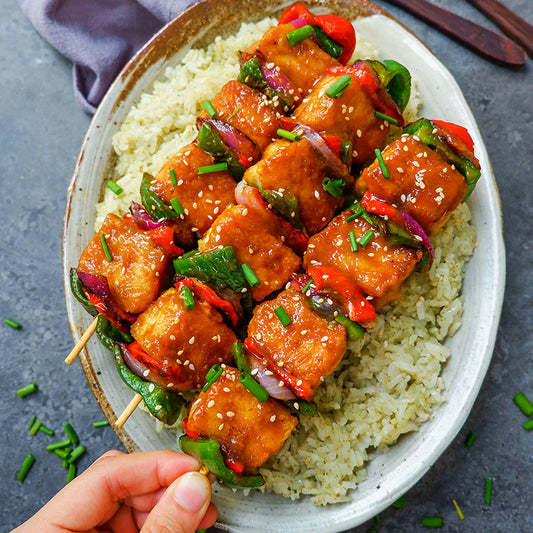 Suncore Foods Red Beet Glazed Tofu Skewers with Pandan Rice