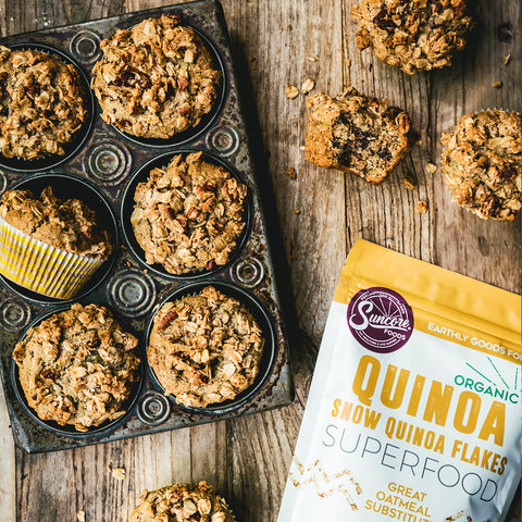 Trail Mix Muffins with Quinoa Flakes and Coconut Streusel