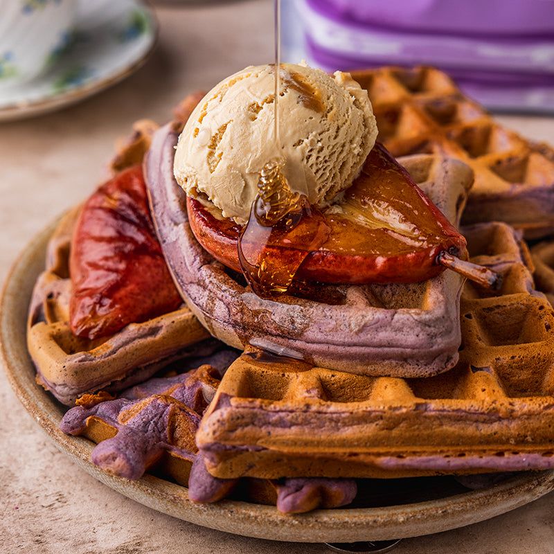 Suncore Foods Ultra-Violet Waffles with Pan Fried Pears
