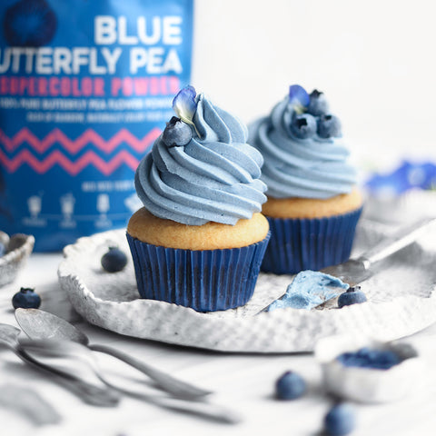 Blue Butterfly Pea Frosting Vanilla Cupcakes