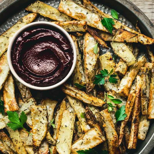 Suncore Foods Crispy Wedge Fries with Homemade Purple Ketchup