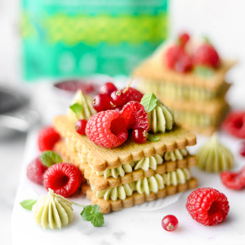 White Chocolate Matcha Cream with Gluten-Free Almond Shortbread